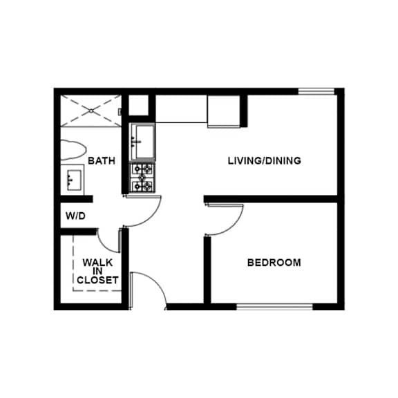 A floor plan of a small apartment with a bathroom, living/dining area, and bedroom.