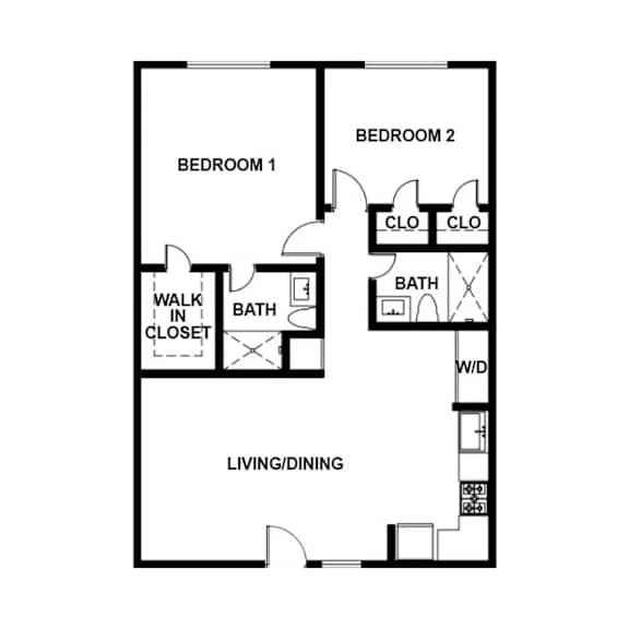 A floor plan of a two bedroom apartment with a living/dining area.