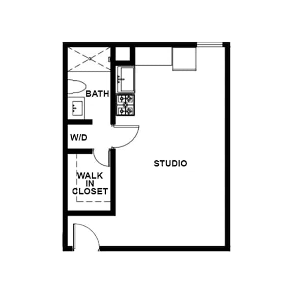 A floor plan of a room with a bath, walk in closet and a studio.