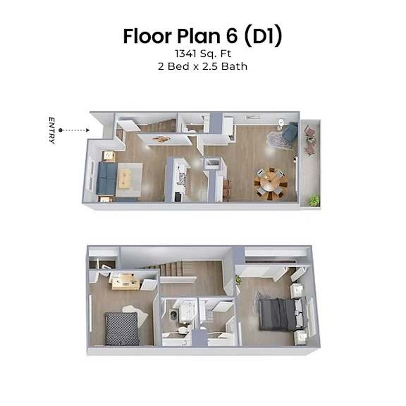 A floor plan of a 1341 square foot apartment with two bedrooms and two and a half baths.