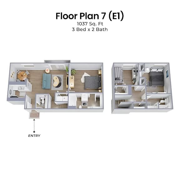 A floor plan of a 1037 square foot apartment with three beds and two baths.