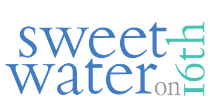A blue and green logo that says sweet water on 16th.