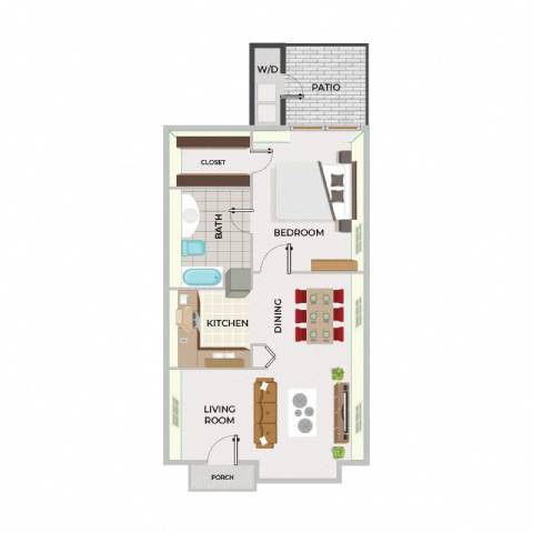 A floor plan of a house with a living room, kitchen, dining room, bedroom, bathroom, and closet.