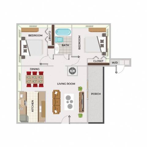 A floor plan of a house with a living room, dining room, kitchen, and two bedrooms.