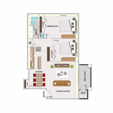 A floor plan of a house with a bedroom, living room, and dining area.