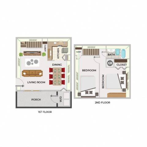 A diagram of a two-story house with labeled rooms.