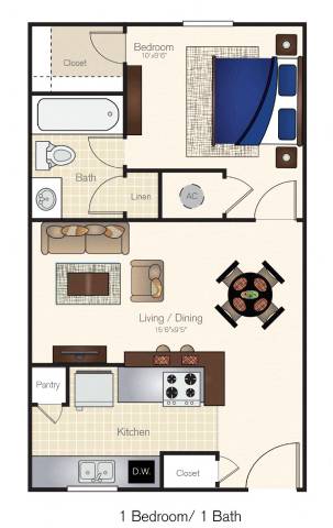 A floor plan of a one bedroom apartment with a bathroom.