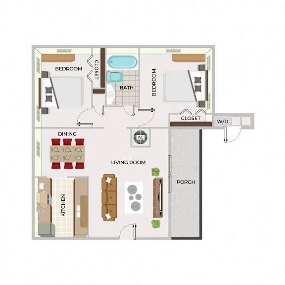A floor plan of a house with a living room, dining room, kitchen, and two bedrooms.