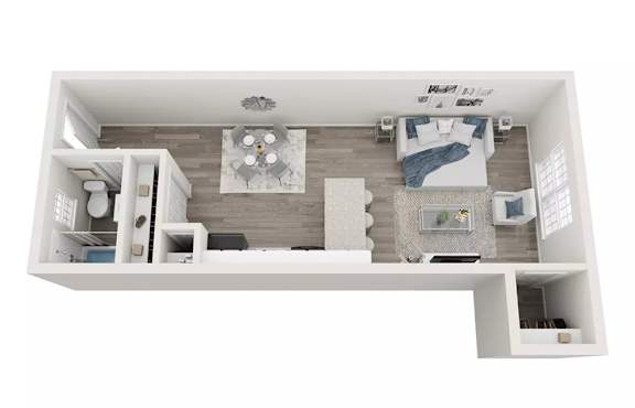 Floor Plan  A white and wood floor plan of a small apartment.