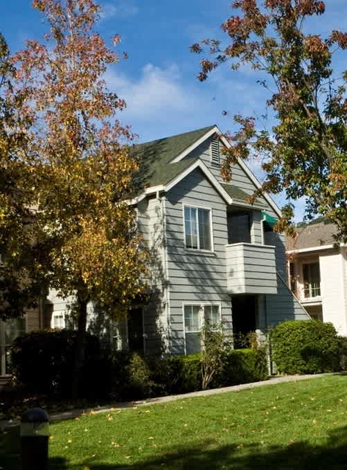 a gray house with a green lawn and trees