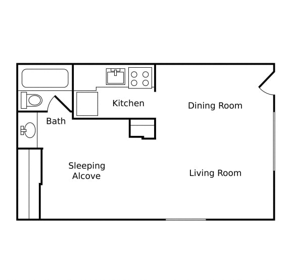 a floor plan of a studio apartment with a bedroom and a living room