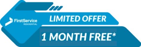 A blue arrow sign with the text "FirstService RESIDENTIAL LIMITED OFFER 1 MONTH FREE*" on it.