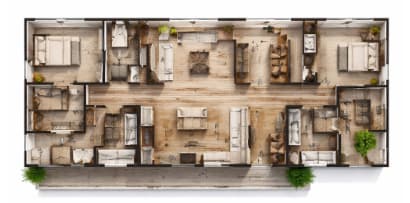 A top-down view of a building with multiple rooms and furniture.