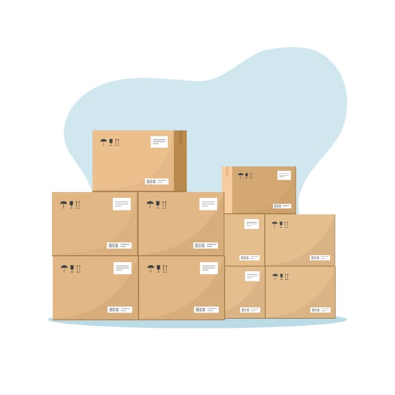 A stack of cardboard boxes with shipping labels and arrows indicating the flaps.