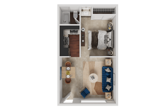 3d floorplan of a 1 bedroom, 1 bathroom unit