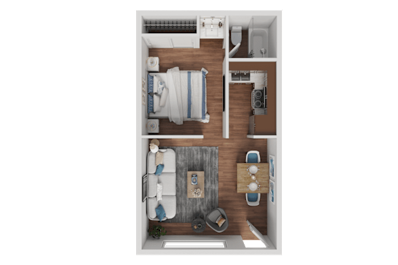 3d floorplan of a 1 bedroom, 1 bathroom unit