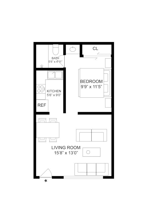 2d floorplan of a 1 bedroom, 1 bathroom unit