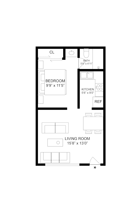 2d floorplan of a 1 bedroom, 1 bathroom unit