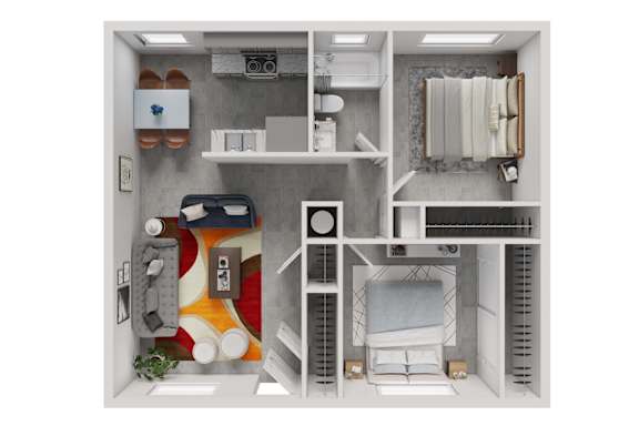 3d floorplan of a 2 bedroom 1 bathroom 800 square foot floorplan.