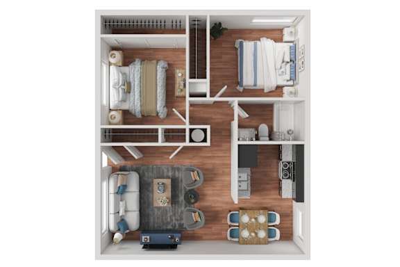 3d floorplan of a 2 bedroom 1 bathroom 800 square foot floorplan.