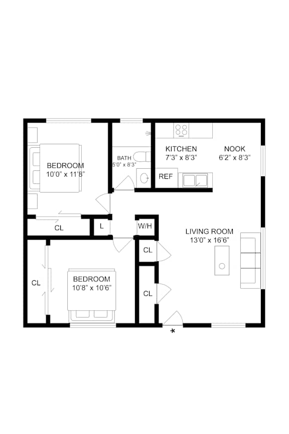 2d floorplan of a 2 bedroom 1 bathroom 800 square foot floorplan.