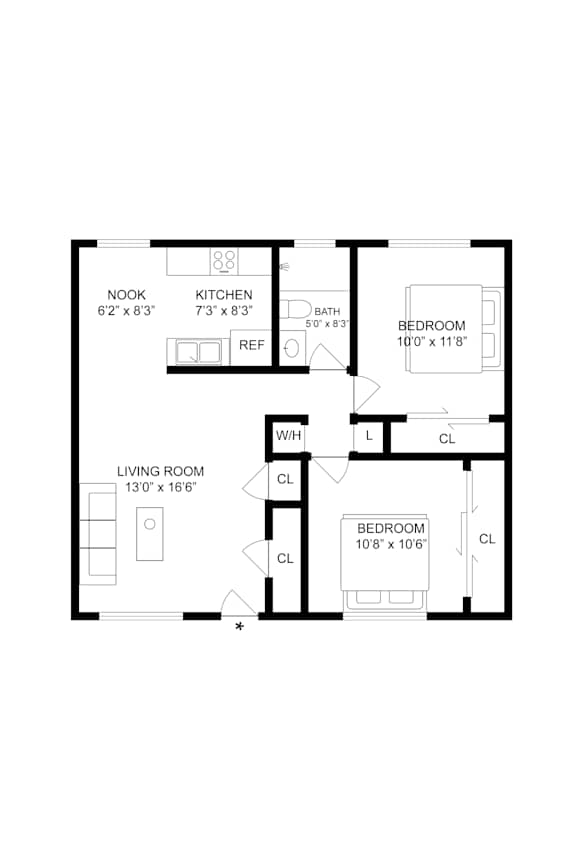 2d floorplan of a 2 bedroom 1 bathroom 800 square foot floorplan.