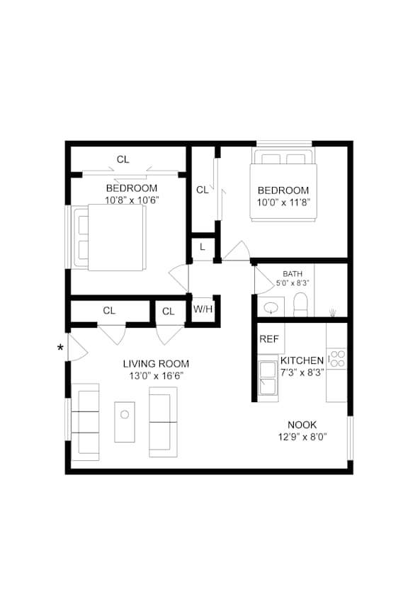 2d floorplan of a 2 bedroom 1 bathroom 800 square foot floorplan.