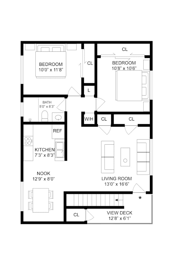 2d floorplan of a 2 bedroom 1 bathroom 825 square foot floorplan.