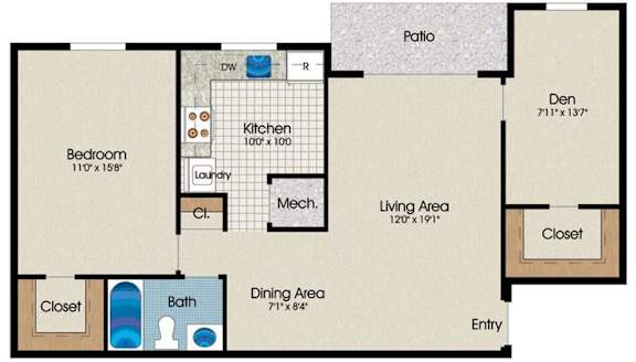 A floor plan of a house with a bedroom, kitchen, living area, and bathroom.