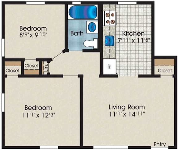 A floor plan of a home with three bedrooms, a living room, a kitchen, and a bathroom.