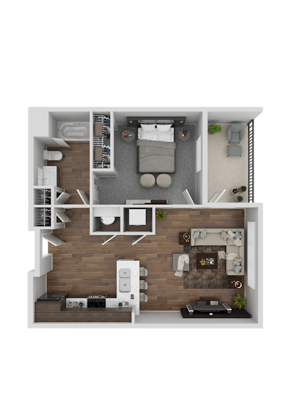 A top-down view of a small apartment with a living room, kitchen, and bedroom.