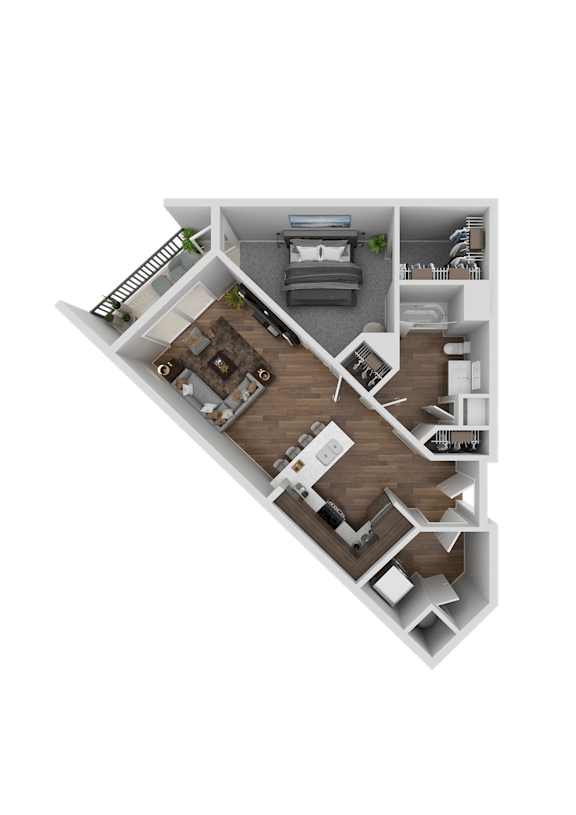 A 3D floor plan of a house with a kitchen, living room, and bedrooms.