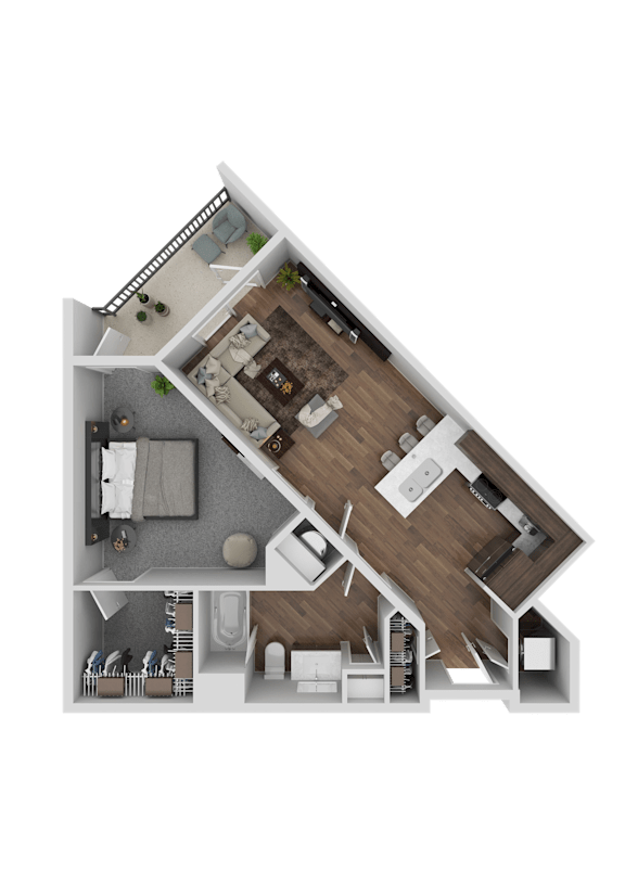 A top-down view of a house floor plan with a kitchen, living room, and bedrooms.