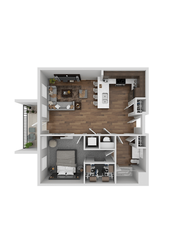 A top-down view of a modern apartment layout with a living room, kitchen, dining area, and bedrooms.