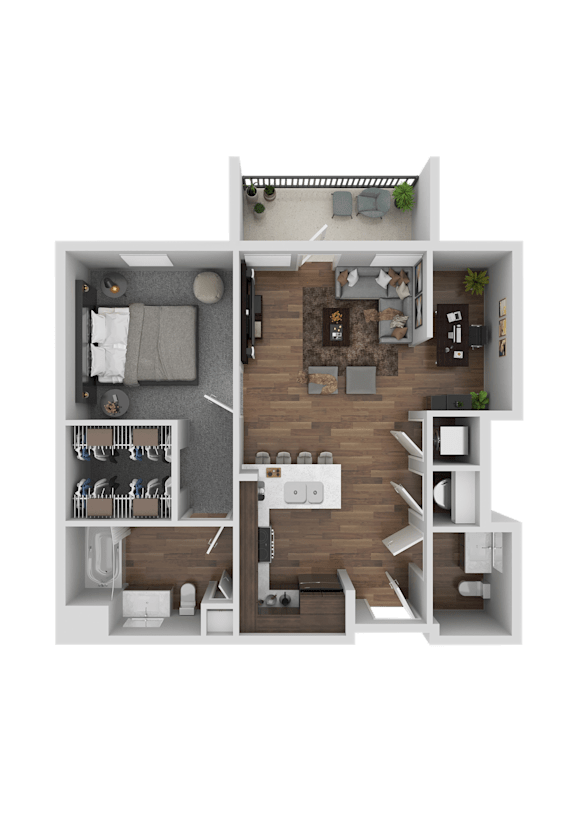 Floor Plan  A 3D floor plan of a small apartment with a kitchen, living room, and bedroom.
