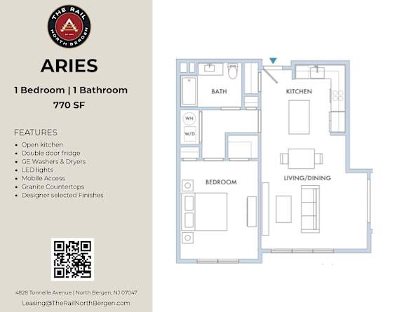 A floor plan and description of a 1 bedroom apartment for rent.