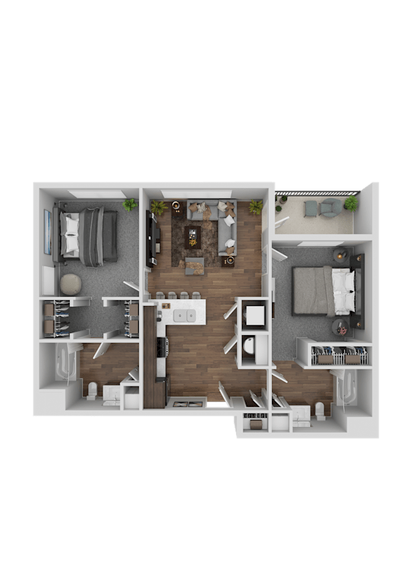 A 3D floor plan of a small apartment with a kitchen, living room, and bedroom.