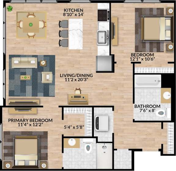 A floor plan of a house showing a kitchen, living room, dining room, three bedrooms, and a bathroom.