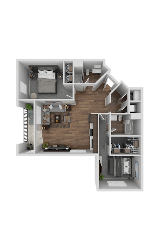 A 3D floor plan of a small apartment with a kitchen, living room, and bedrooms.
