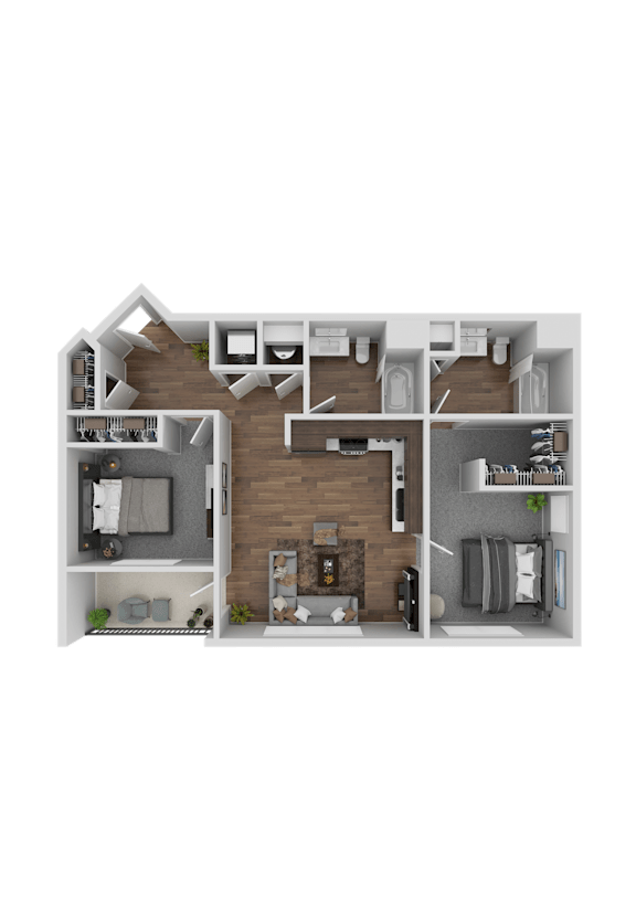 A 3D floor plan of a house with a kitchen, living room, and two bedrooms.