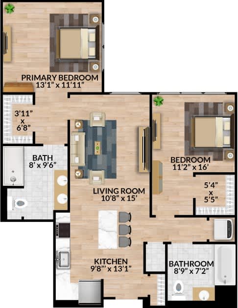 A floor plan of a house with a living room, kitchen, two bedrooms, and a bathroom.