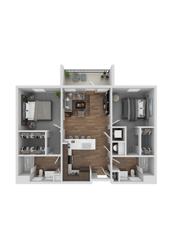 A 3D floor plan of a small apartment with a kitchen, living room, and two bedrooms.