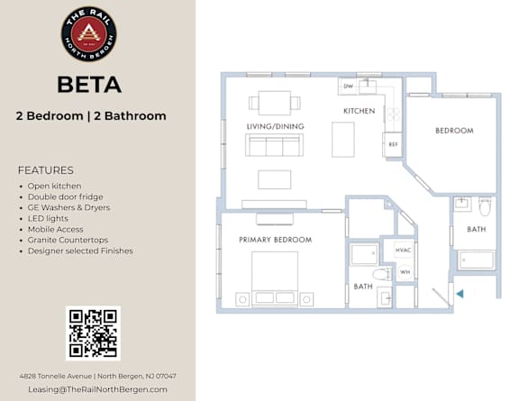 Floor Plan  A floor plan for a two bedroom, two bathroom apartment with features listed on the left.