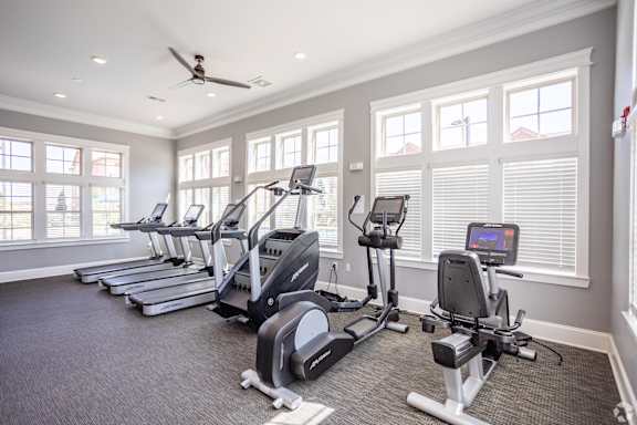 the gym is equipped with state of the art cardio equipment and windows