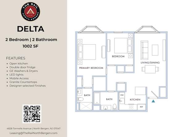 A floor plan for a 2 bedroom, 2 bathroom apartment with features listed on the left.