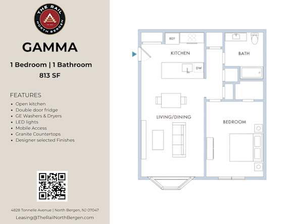 A floor plan of a one bedroom apartment with a kitchen and bathroom.