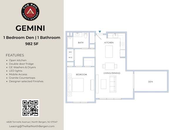 A floor plan for a one bedroom den with a bathroom and 982 square feet of living space.