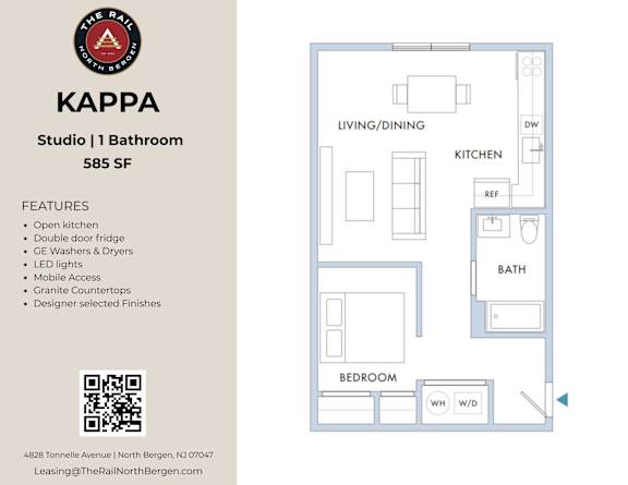 A floor plan of a studio apartment with a kitchen, living room, and bathroom.