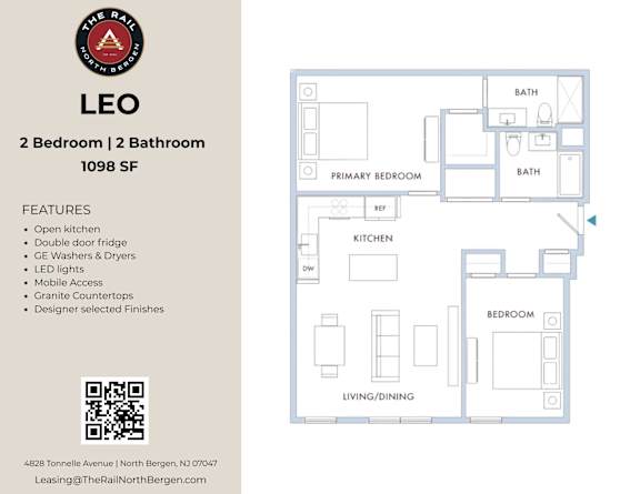 A floor plan for a 2 bedroom, 2 bathroom apartment at The Rialto North Bergen.