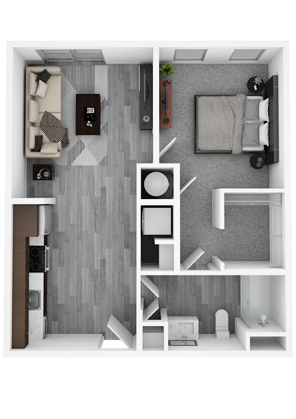A black and white image of a small apartment layout.